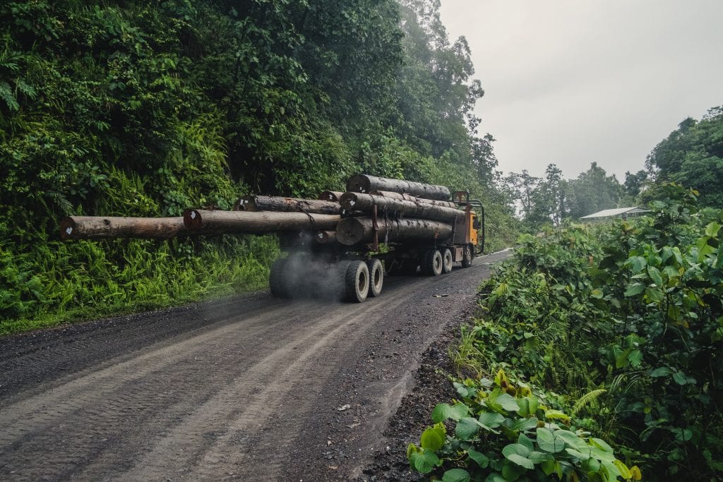 A logging truck passes 'Kilometre 15' - a protest site and blockade against the proposed Baram Dam in Borneo, Malaysia.Photo by Tom White.